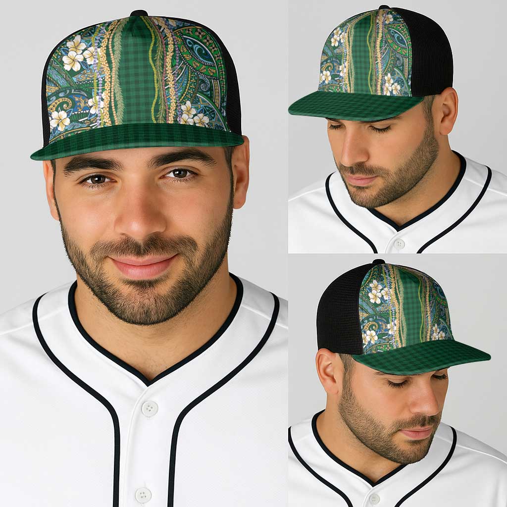 Hawaiian Art Flower Tribal with Lei Baseball Net Cap Palaka Pattern Green Color LT03 - Polynesian Pride