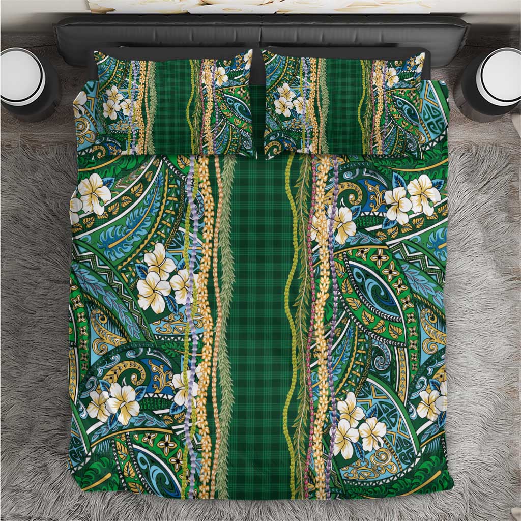 Hawaiian Art Flower Tribal with Lei Bedding Set Palaka Pattern Green Color LT03 Green - Polynesian Pride