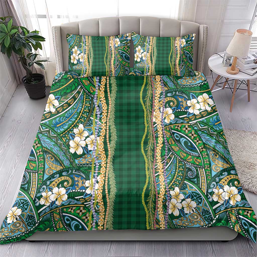 Hawaiian Art Flower Tribal with Lei Bedding Set Palaka Pattern Green Color LT03 - Polynesian Pride