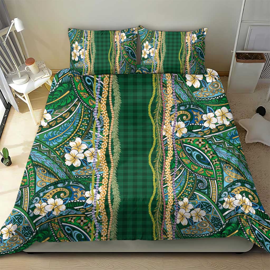 Hawaiian Art Flower Tribal with Lei Bedding Set Palaka Pattern Green Color LT03 - Polynesian Pride