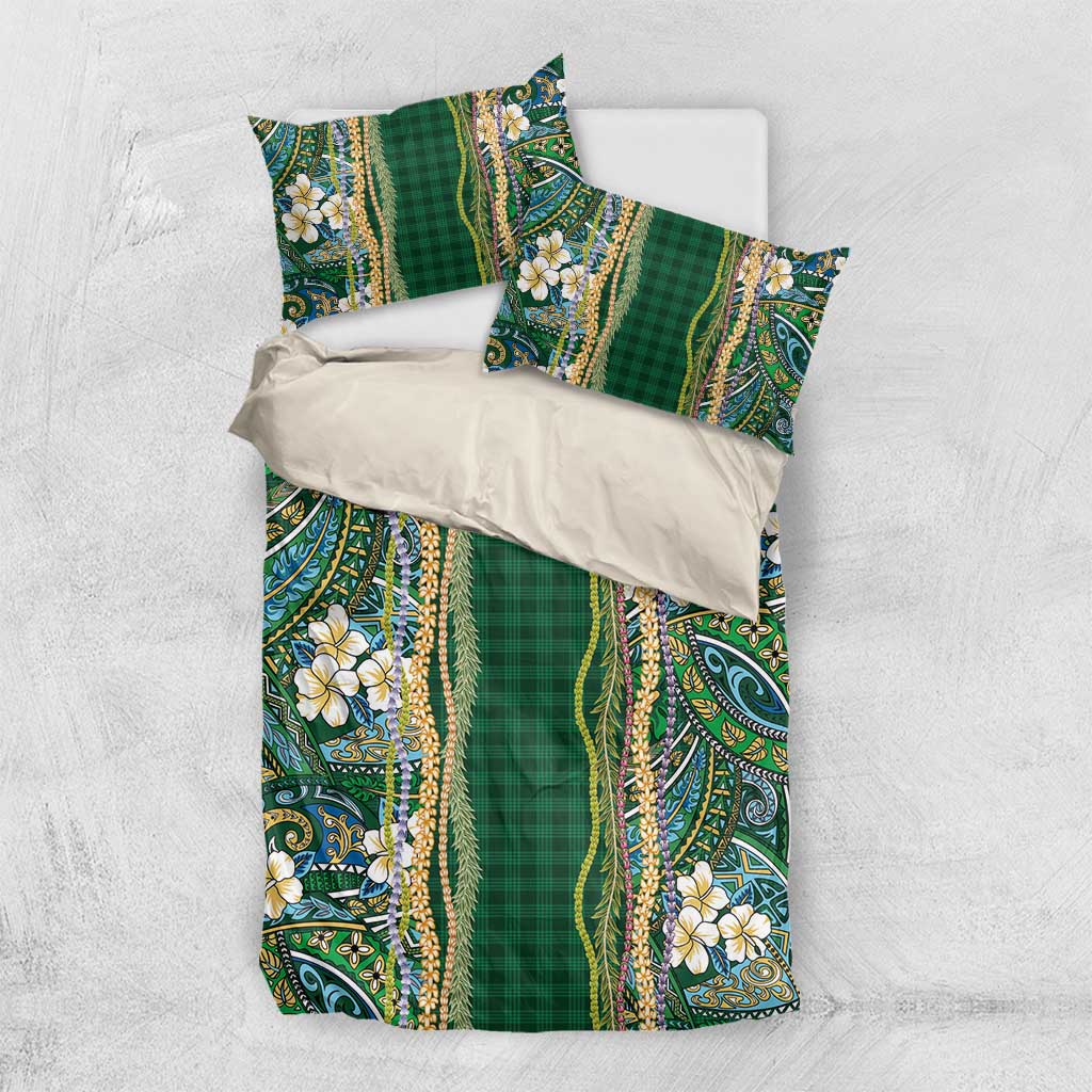 Hawaiian Art Flower Tribal with Lei Bedding Set Palaka Pattern Green Color LT03 US Twin 172cm x 218cm Green - Polynesian Pride