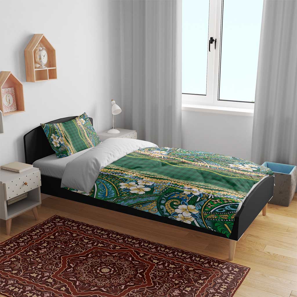 Hawaiian Art Flower Tribal with Lei Bedding Set Palaka Pattern Green Color LT03 - Polynesian Pride