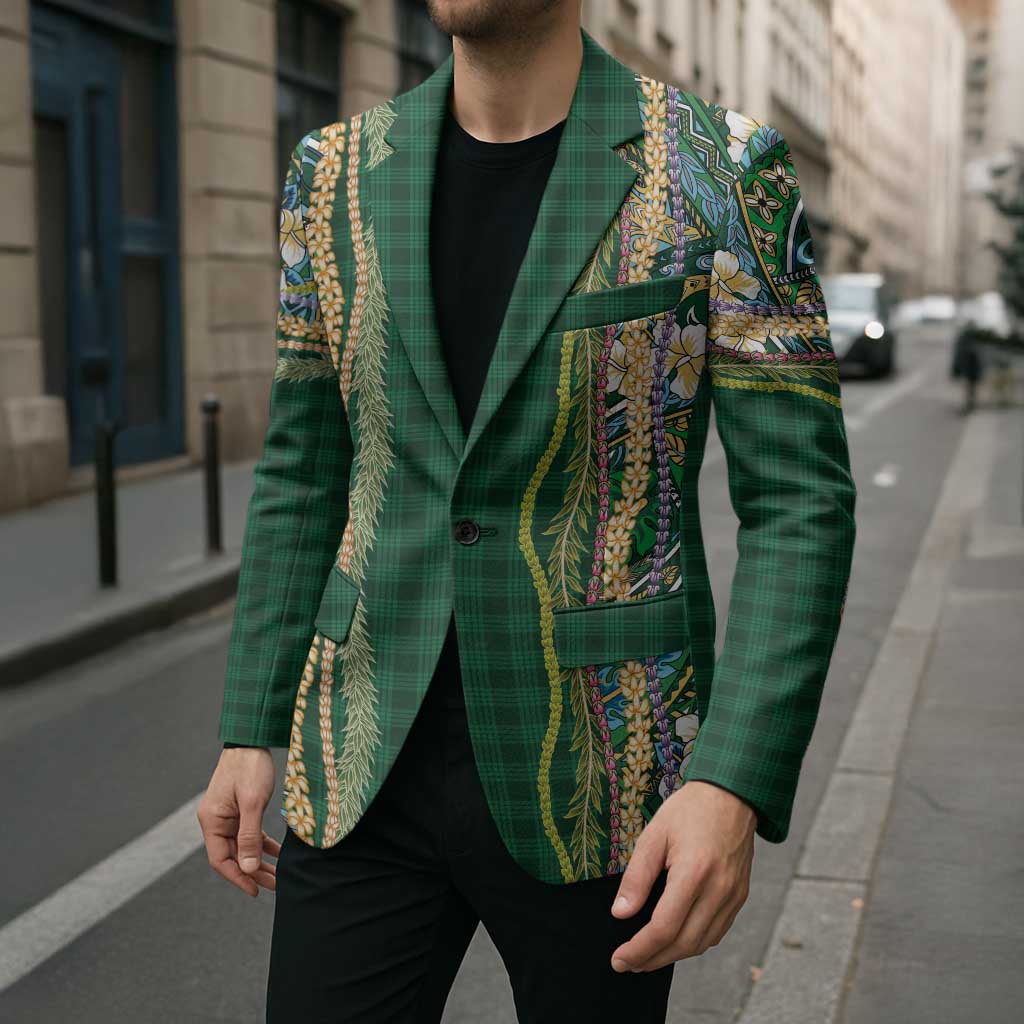 Hawaiian Art Flower Tribal with Lei Blazer Palaka Pattern Green Color LT03 - Polynesian Pride