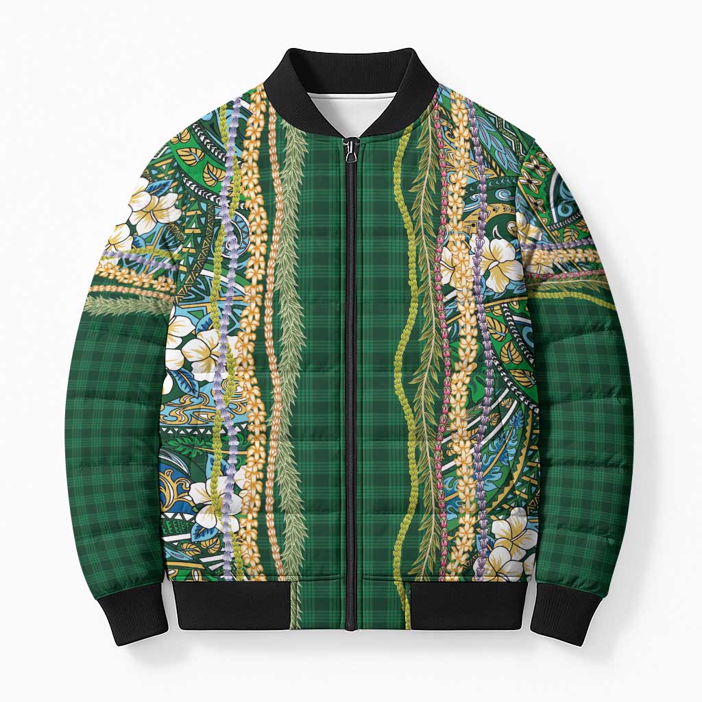 Hawaiian Art Flower Tribal with Lei Bomber Puffer Jacket Palaka Pattern Green Color LT03 Unisex Green - Polynesian Pride