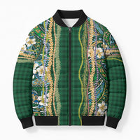 Hawaiian Art Flower Tribal with Lei Bomber Puffer Jacket Palaka Pattern Green Color LT03 Unisex Green - Polynesian Pride