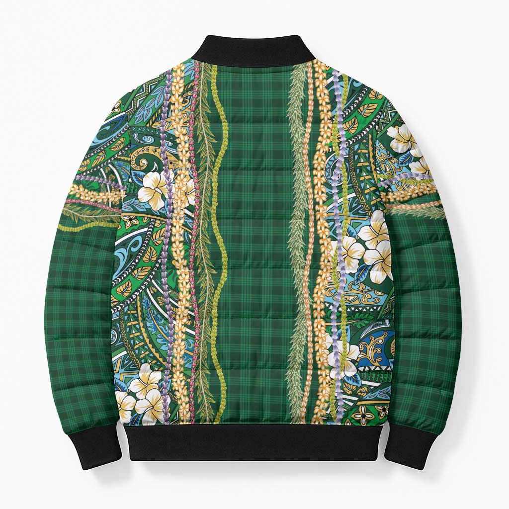 Hawaiian Art Flower Tribal with Lei Bomber Puffer Jacket Palaka Pattern Green Color LT03 - Polynesian Pride