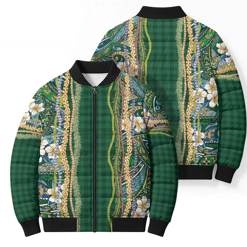 Hawaiian Art Flower Tribal with Lei Bomber Puffer Jacket Palaka Pattern Green Color LT03 - Polynesian Pride