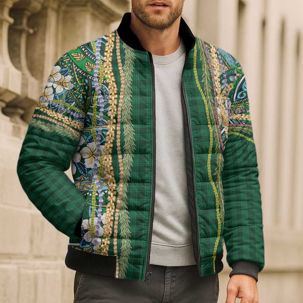 Hawaiian Art Flower Tribal with Lei Bomber Puffer Jacket Palaka Pattern Green Color LT03 - Polynesian Pride