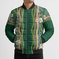 Hawaiian Art Flower Tribal with Lei Bomber Puffer Jacket Palaka Pattern Green Color LT03 - Polynesian Pride