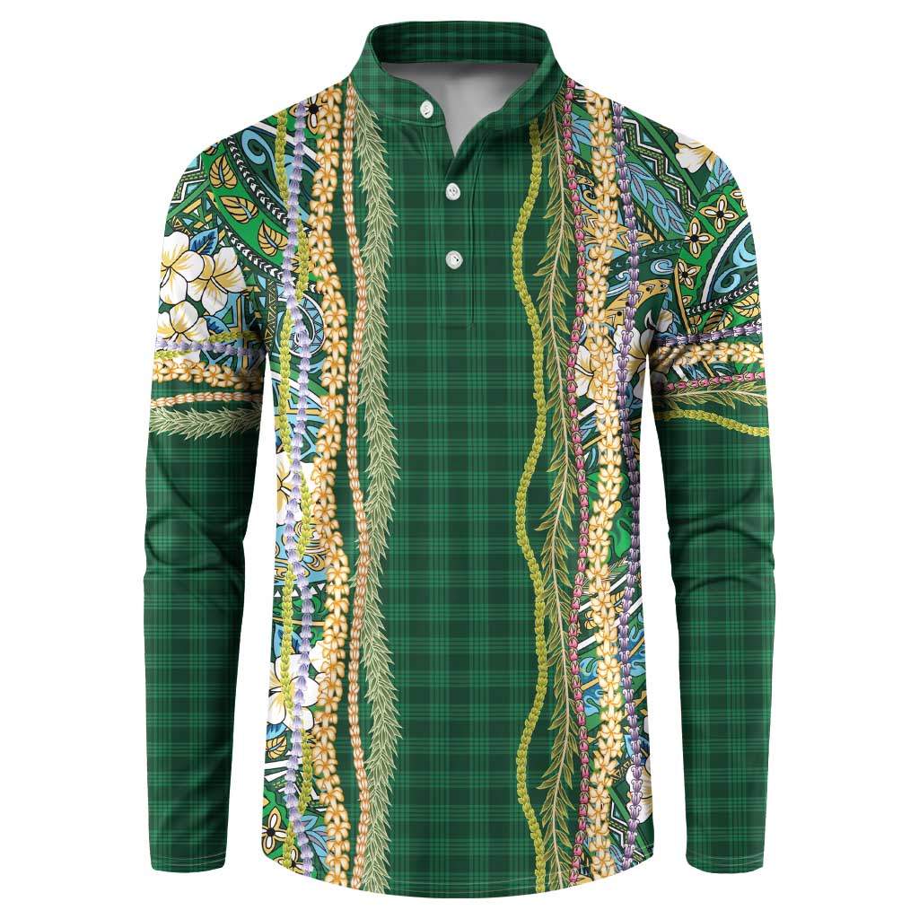 Hawaiian Art Flower Tribal with Lei Button Sweatshirt Palaka Pattern Green Color LT03 Green - Polynesian Pride