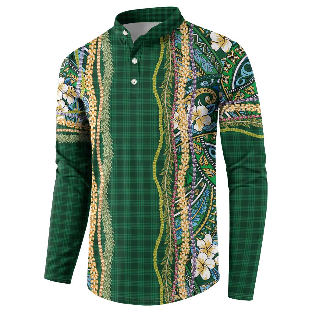 Hawaiian Art Flower Tribal with Lei Button Sweatshirt Palaka Pattern Green Color LT03 - Polynesian Pride