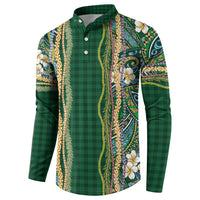 Hawaiian Art Flower Tribal with Lei Button Sweatshirt Palaka Pattern Green Color LT03 - Polynesian Pride