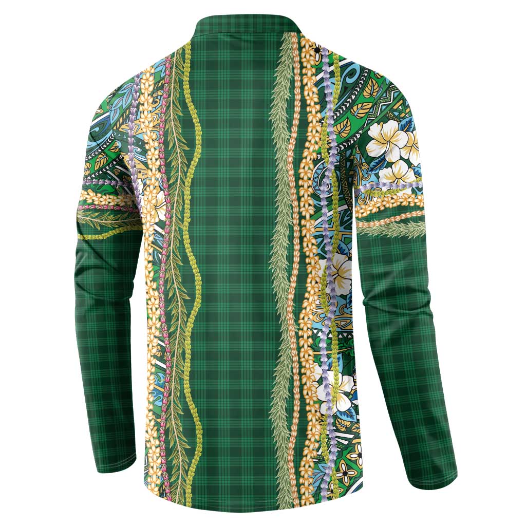 Hawaiian Art Flower Tribal with Lei Button Sweatshirt Palaka Pattern Green Color LT03 - Polynesian Pride