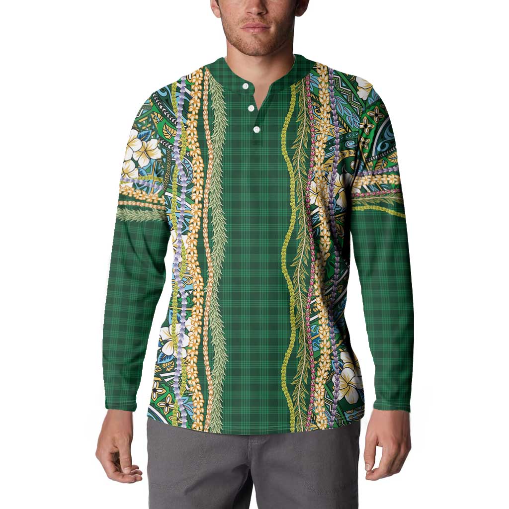 Hawaiian Art Flower Tribal with Lei Button Sweatshirt Palaka Pattern Green Color LT03 - Polynesian Pride