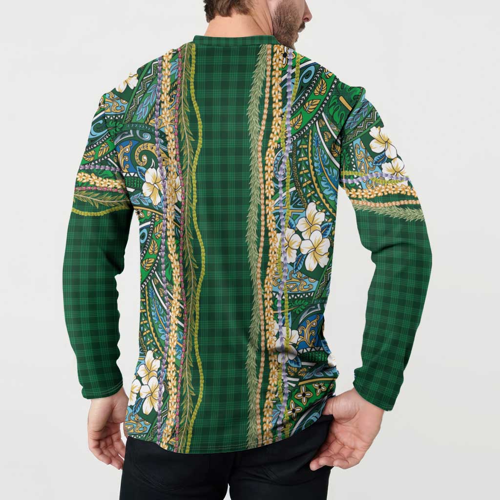 Hawaiian Art Flower Tribal with Lei Button Sweatshirt Palaka Pattern Green Color LT03 - Polynesian Pride