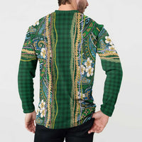 Hawaiian Art Flower Tribal with Lei Button Sweatshirt Palaka Pattern Green Color LT03 - Polynesian Pride