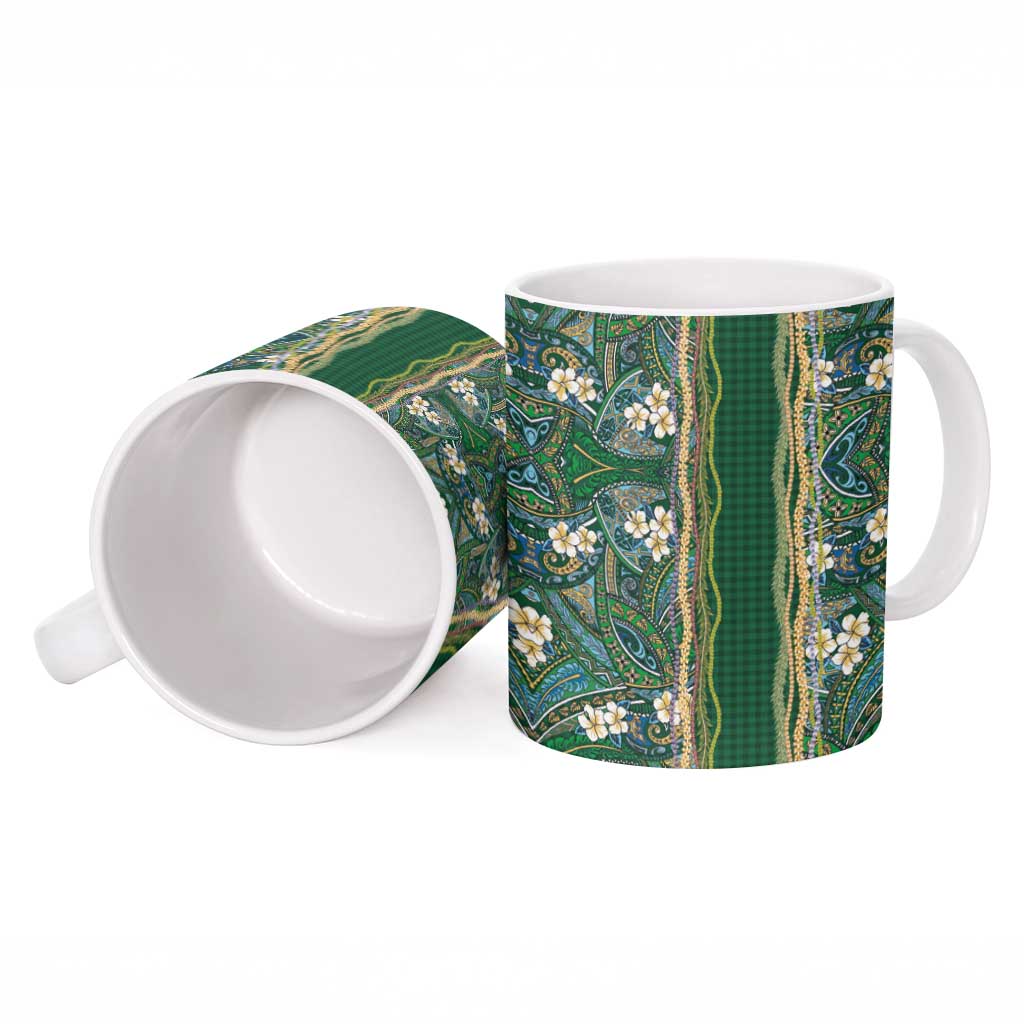 Hawaiian Art Flower Tribal with Lei Ceramic Mug Palaka Pattern Green Color LT03 - Polynesian Pride