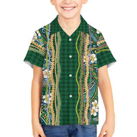 Hawaiian Art Flower Tribal with Lei Kid Hawaiian Shirt Palaka Pattern Green Color LT03 Kid Green - Polynesian Pride