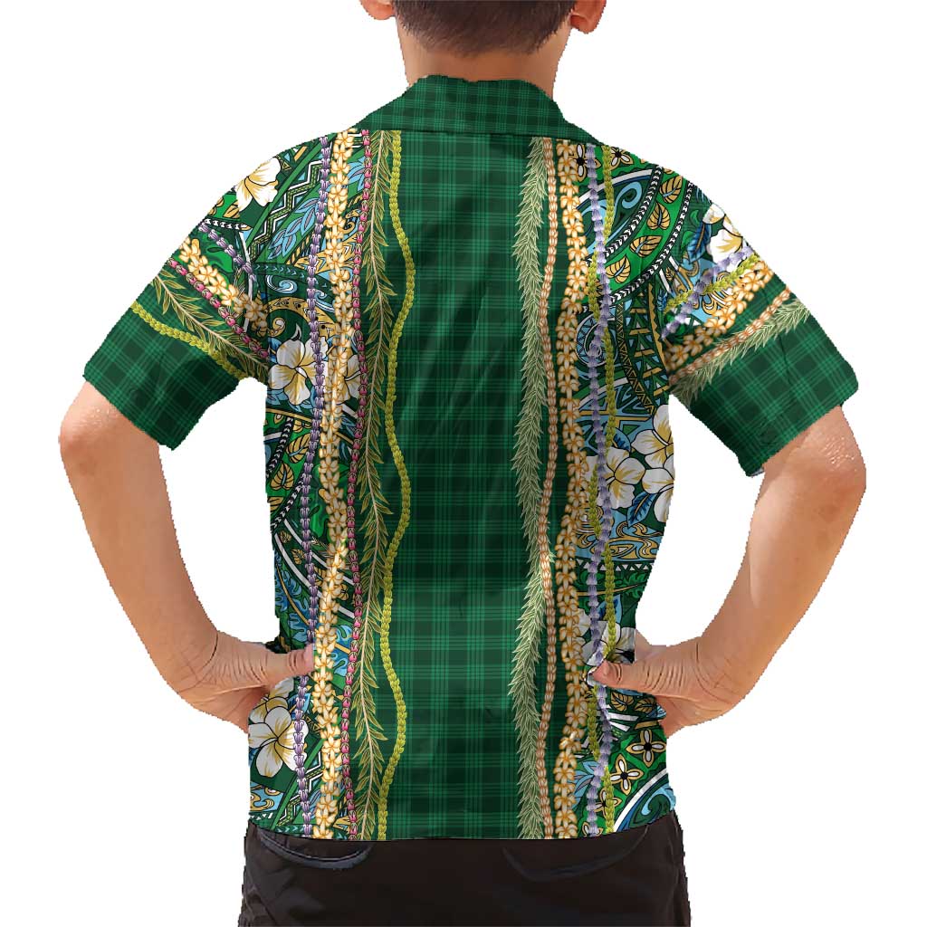 Hawaiian Art Flower Tribal with Lei Kid Hawaiian Shirt Palaka Pattern Green Color LT03 - Polynesian Pride