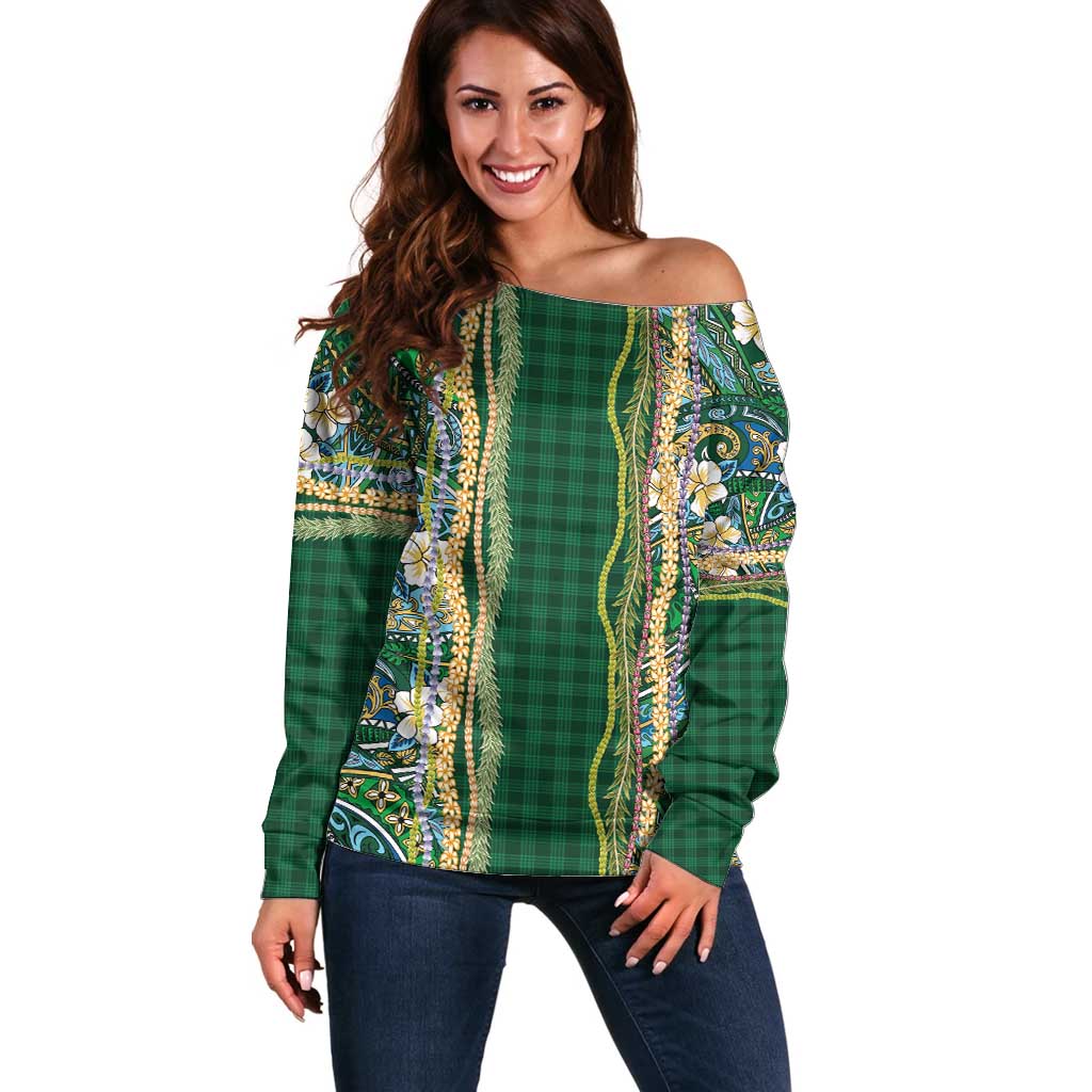 Hawaiian Art Flower Tribal with Lei Off Shoulder Sweater Palaka Pattern Green Color LT03 Women Green - Polynesian Pride