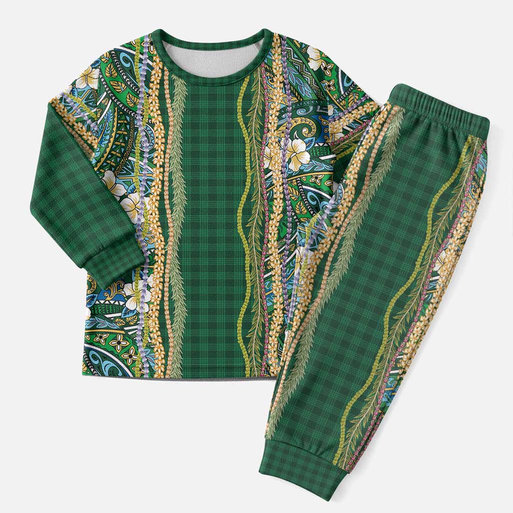Hawaiian Art Flower Tribal with Lei Christmas Pajama Set Palaka Pattern Green Color LT03 Men Green - Polynesian Pride