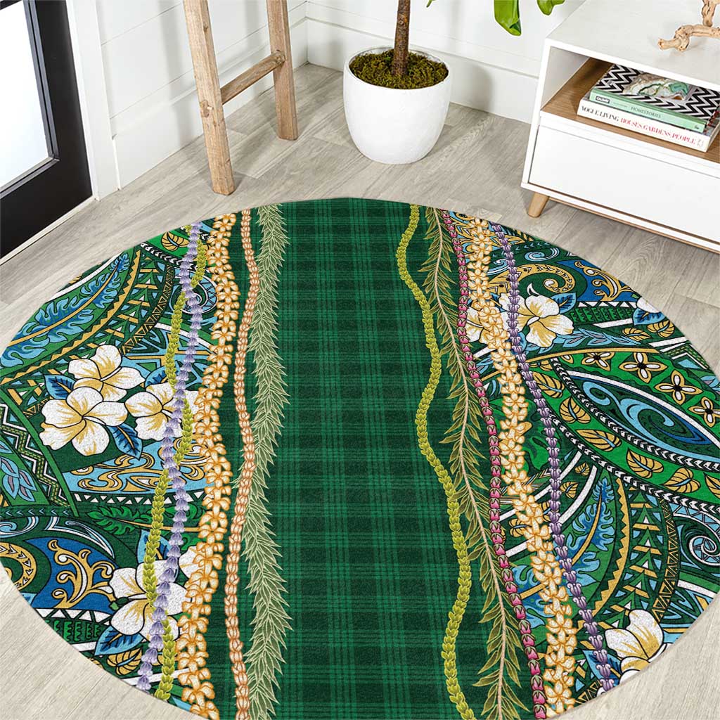 Hawaiian Art Flower Tribal with Lei Round Carpet Palaka Pattern Green Color LT03 Green - Polynesian Pride