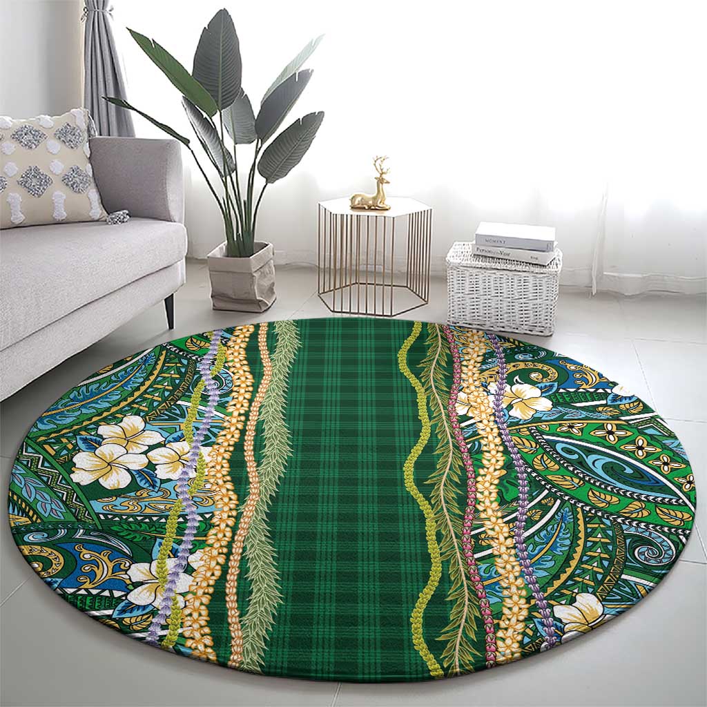 Hawaiian Art Flower Tribal with Lei Round Carpet Palaka Pattern Green Color LT03 - Polynesian Pride