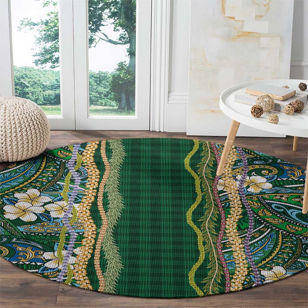 Hawaiian Art Flower Tribal with Lei Round Carpet Palaka Pattern Green Color LT03 - Polynesian Pride