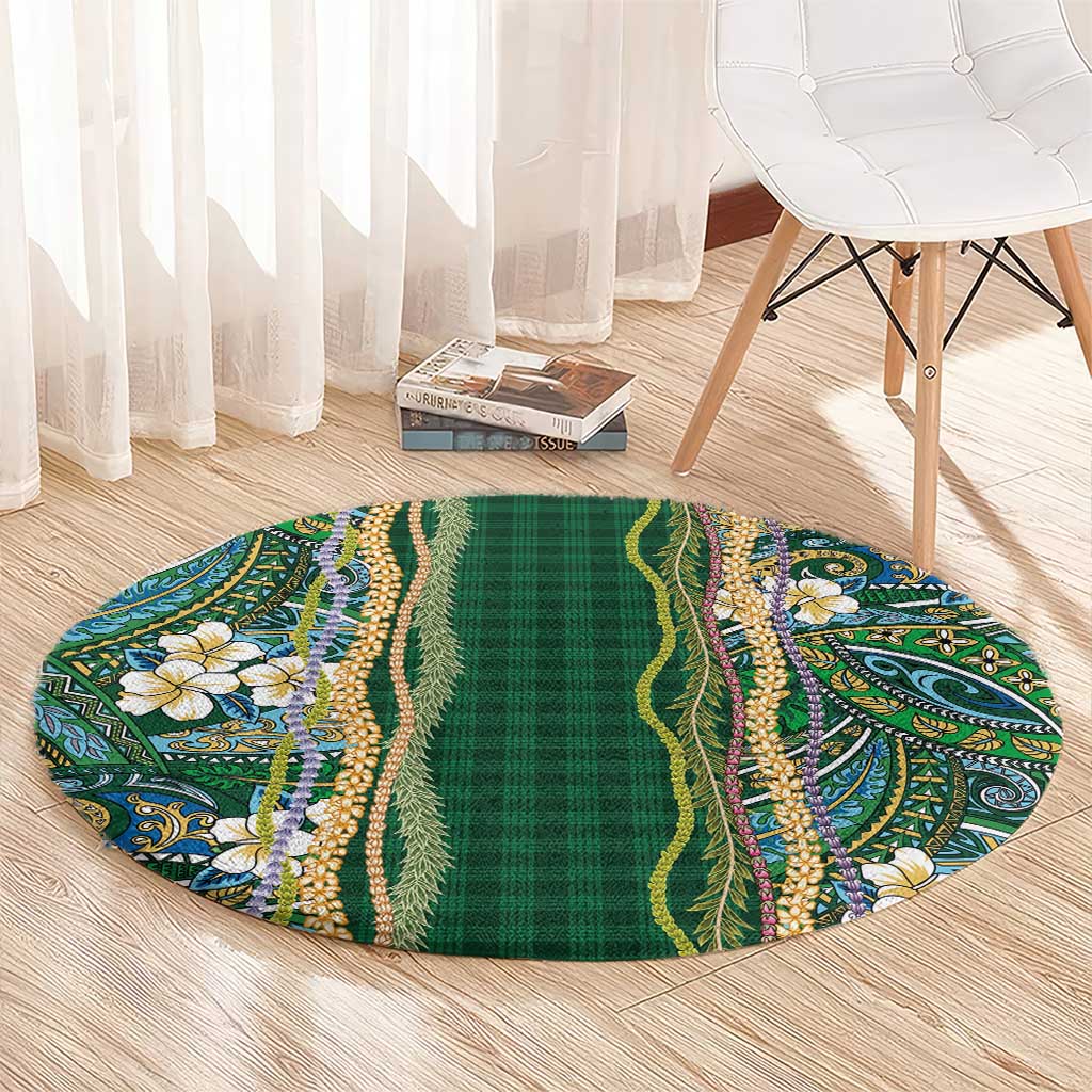 Hawaiian Art Flower Tribal with Lei Round Carpet Palaka Pattern Green Color LT03 - Polynesian Pride