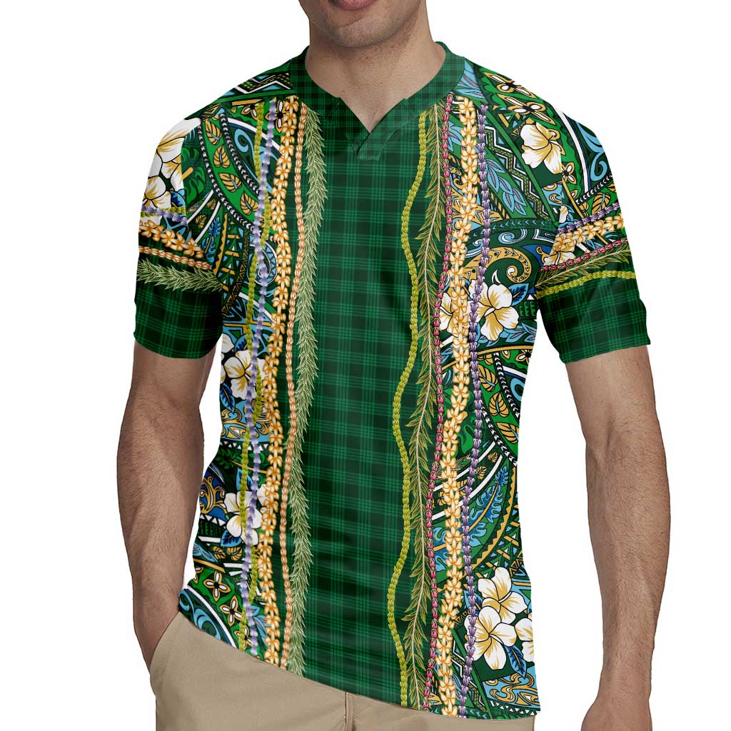 Hawaiian Art Flower Tribal with Lei Rugby Jersey Palaka Pattern Green Color LT03 - Polynesian Pride