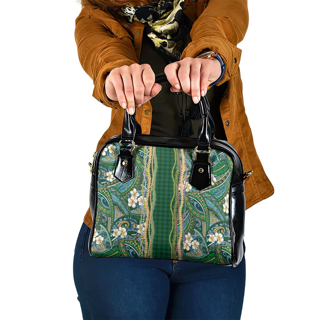 Hawaiian Art Flower Tribal with Lei Shoulder Handbag Palaka Pattern Green Color LT03 One Size Green - Polynesian Pride