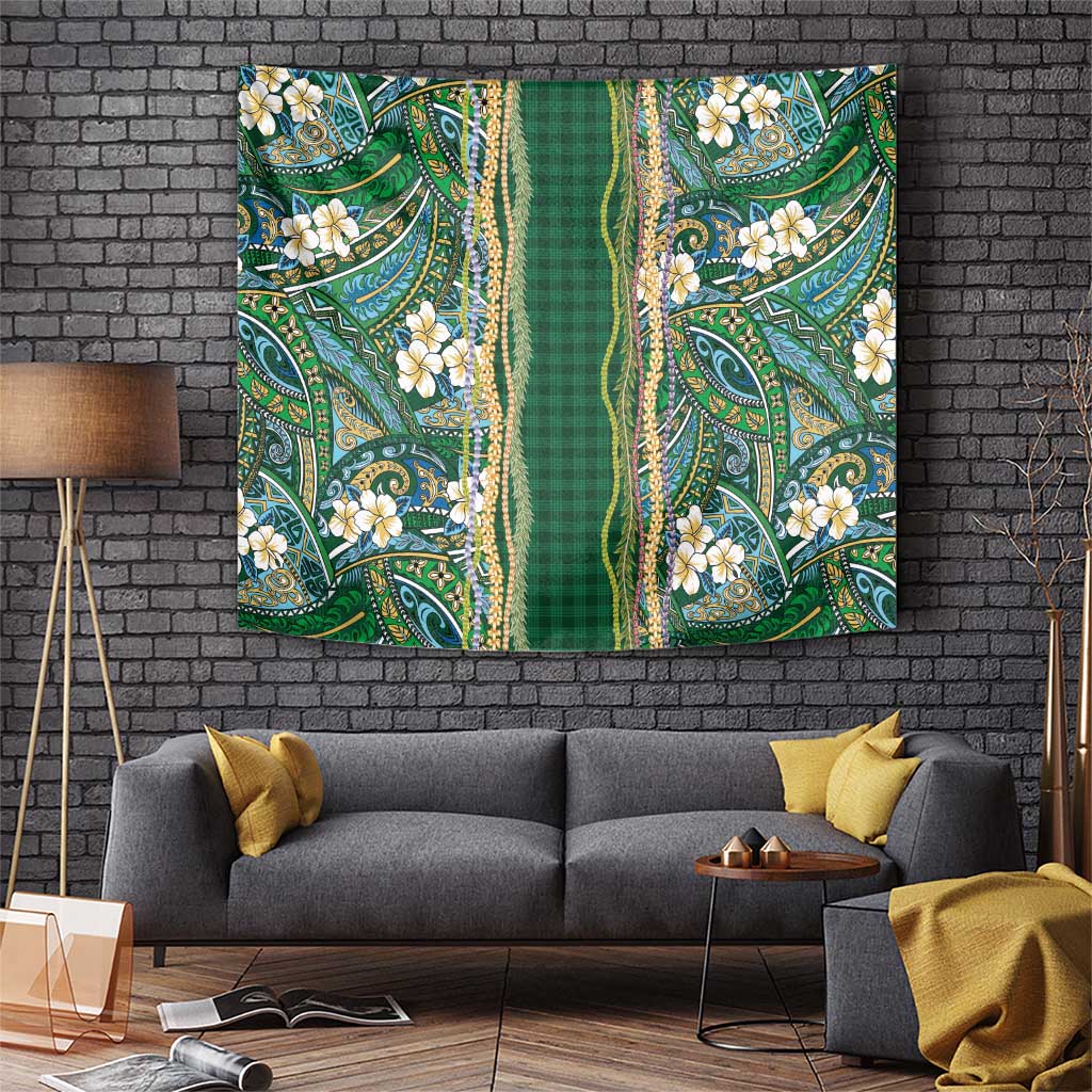 Hawaiian Art Flower Tribal with Lei Tapestry Palaka Pattern Green Color LT03 Green - Polynesian Pride
