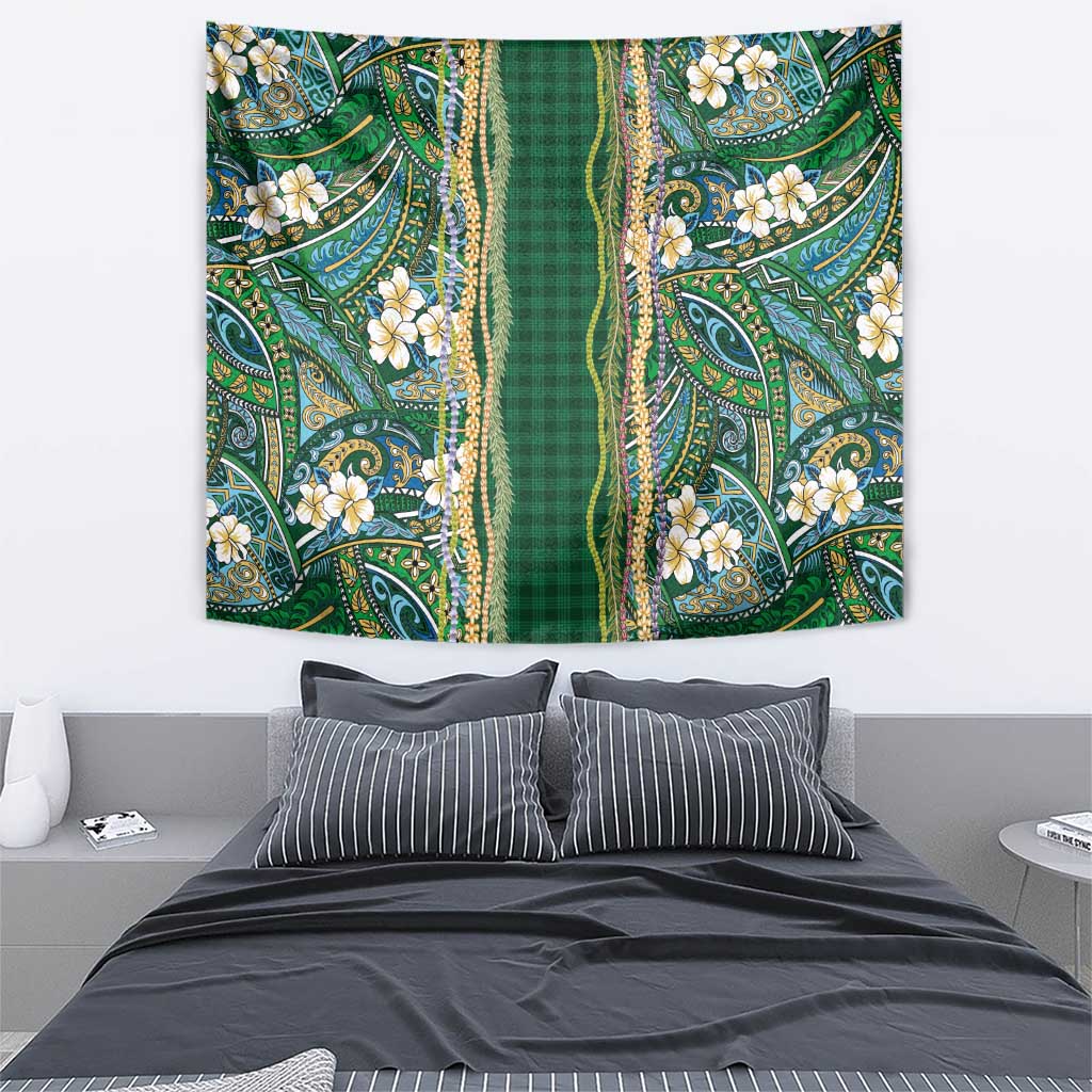 Hawaiian Art Flower Tribal with Lei Tapestry Palaka Pattern Green Color LT03 - Polynesian Pride