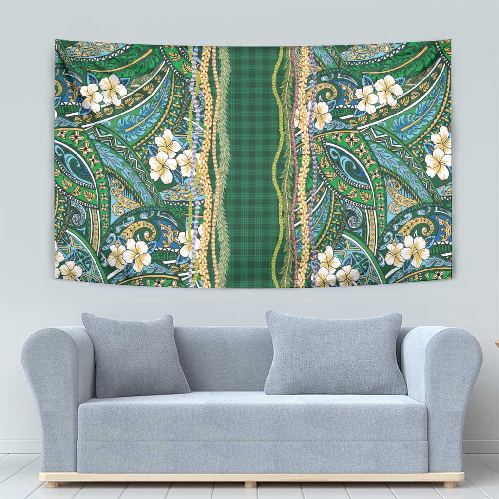 Hawaiian Art Flower Tribal with Lei Tapestry Palaka Pattern Green Color LT03 - Polynesian Pride