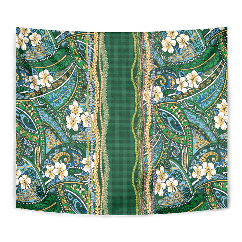 Hawaiian Art Flower Tribal with Lei Tapestry Palaka Pattern Green Color LT03 - Polynesian Pride