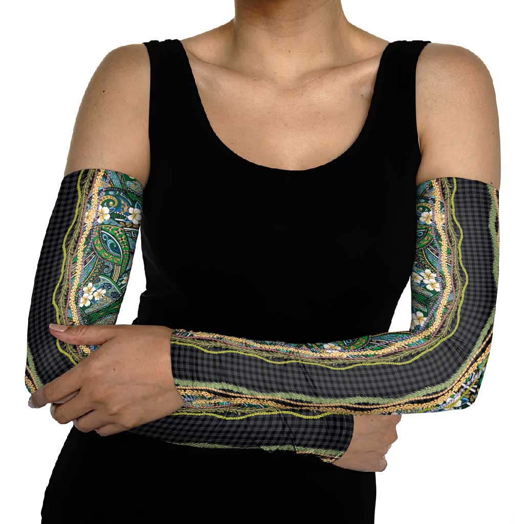 Hawaiian Art Flower Tribal with Lei Arm Sleeves Palaka Pattern Black Color LT03 - Polynesian Pride