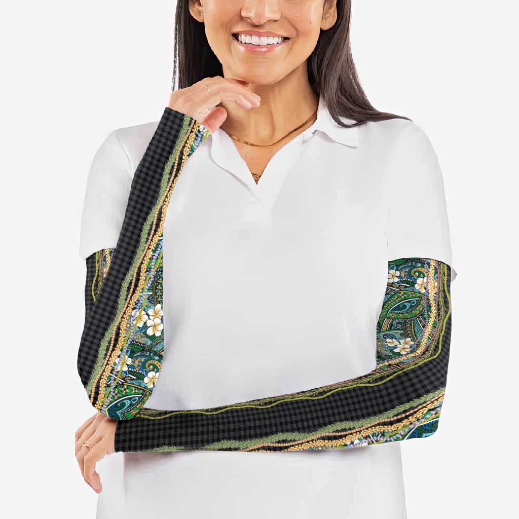 Hawaiian Art Flower Tribal with Lei Arm Sleeves Palaka Pattern Black Color LT03 - Polynesian Pride