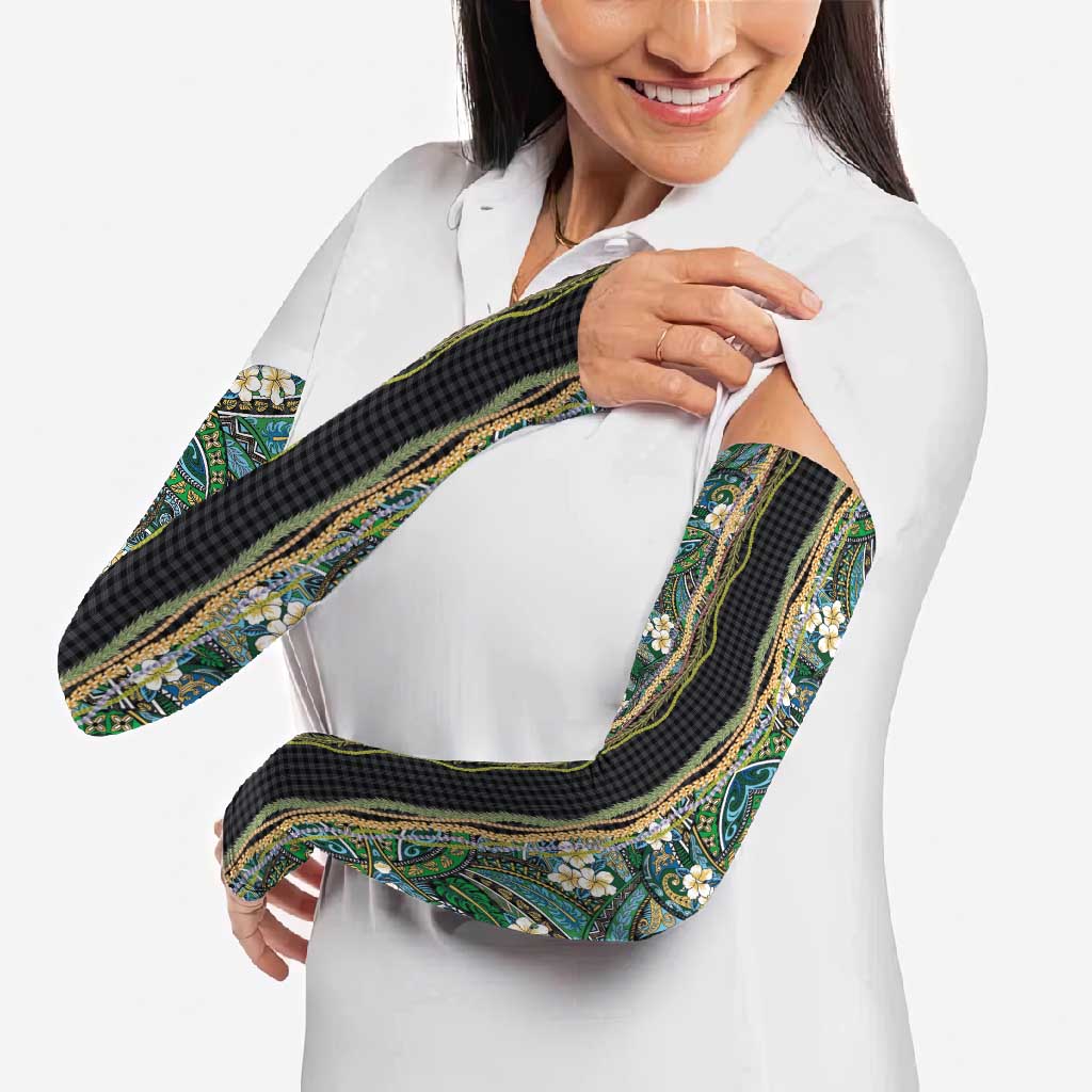 Hawaiian Art Flower Tribal with Lei Arm Sleeves Palaka Pattern Black Color LT03 - Polynesian Pride