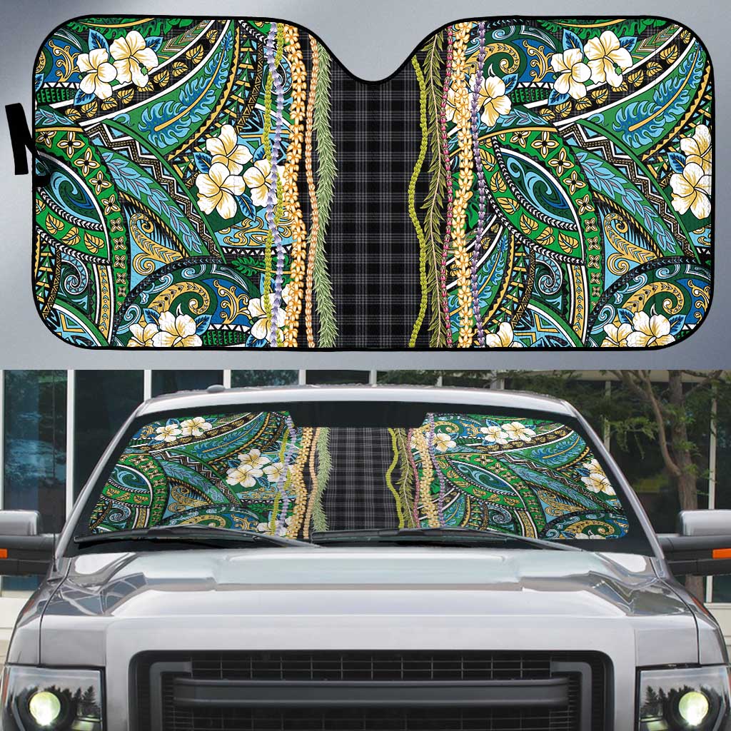 Hawaiian Art Flower Tribal with Lei Auto Sun Shade Palaka Pattern Black Color LT03 Black - Polynesian Pride