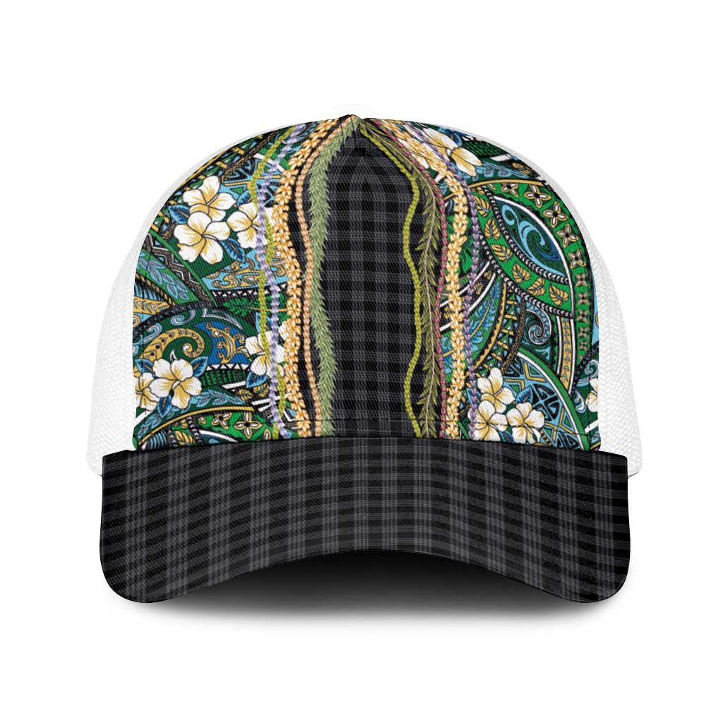 Hawaiian Art Flower Tribal with Lei Baseball Net Cap Palaka Pattern Black Color LT03 One Size White Black - Polynesian Pride