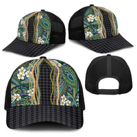 Hawaiian Art Flower Tribal with Lei Baseball Net Cap Palaka Pattern Black Color LT03 - Polynesian Pride