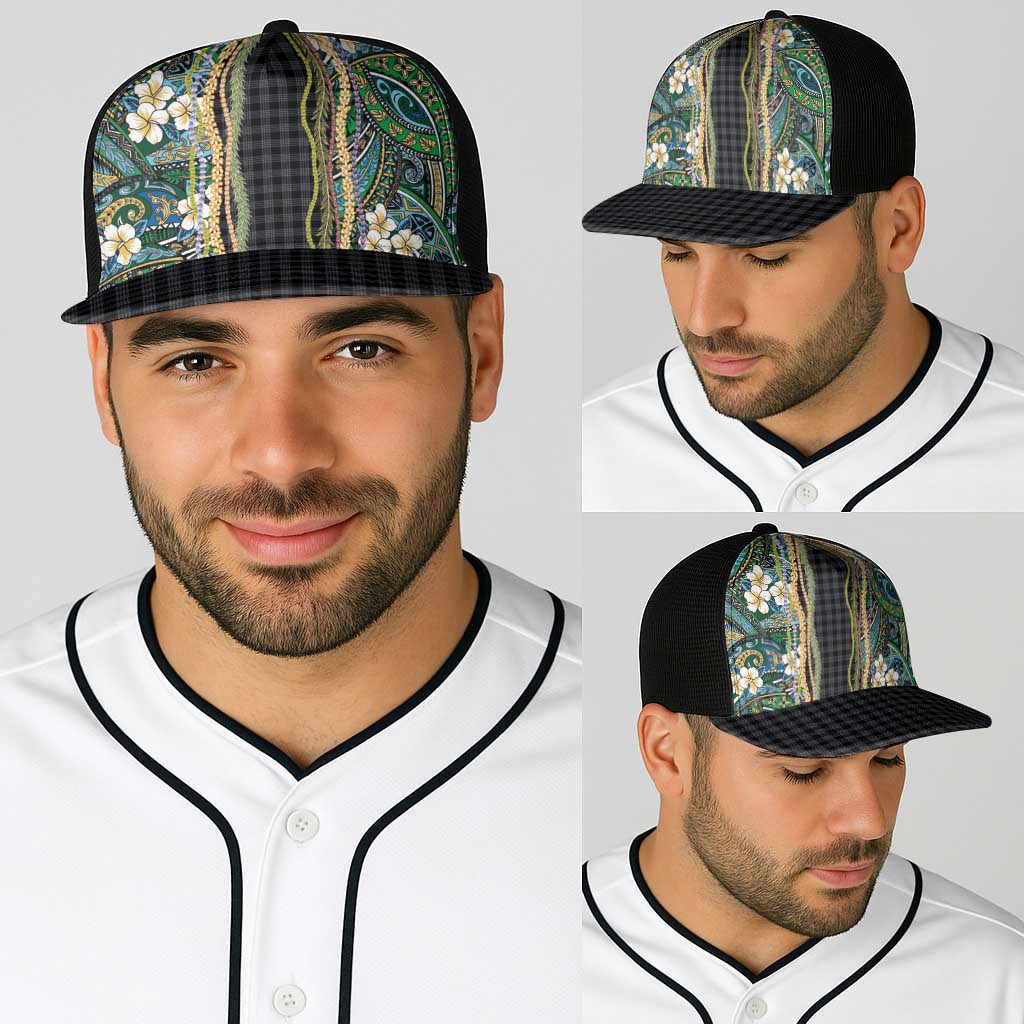 Hawaiian Art Flower Tribal with Lei Baseball Net Cap Palaka Pattern Black Color LT03 - Polynesian Pride