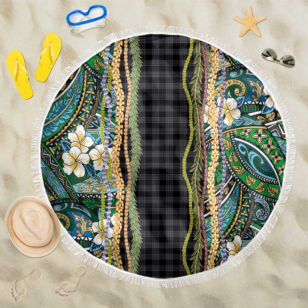 Hawaiian Art Flower Tribal with Lei Beach Blanket Palaka Pattern Black Color LT03 One Size 150cm Black - Polynesian Pride