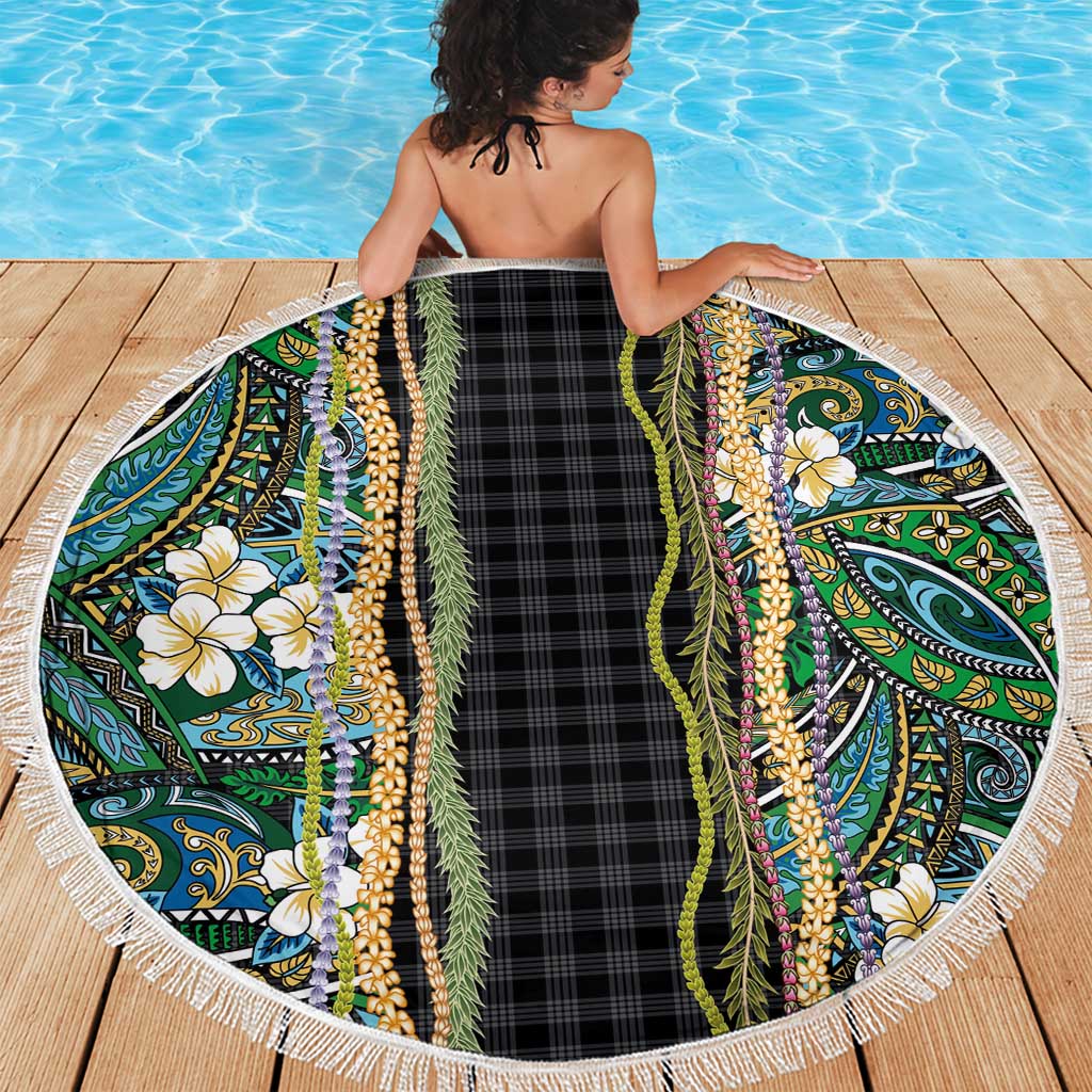 Hawaiian Art Flower Tribal with Lei Beach Blanket Palaka Pattern Black Color LT03 - Polynesian Pride