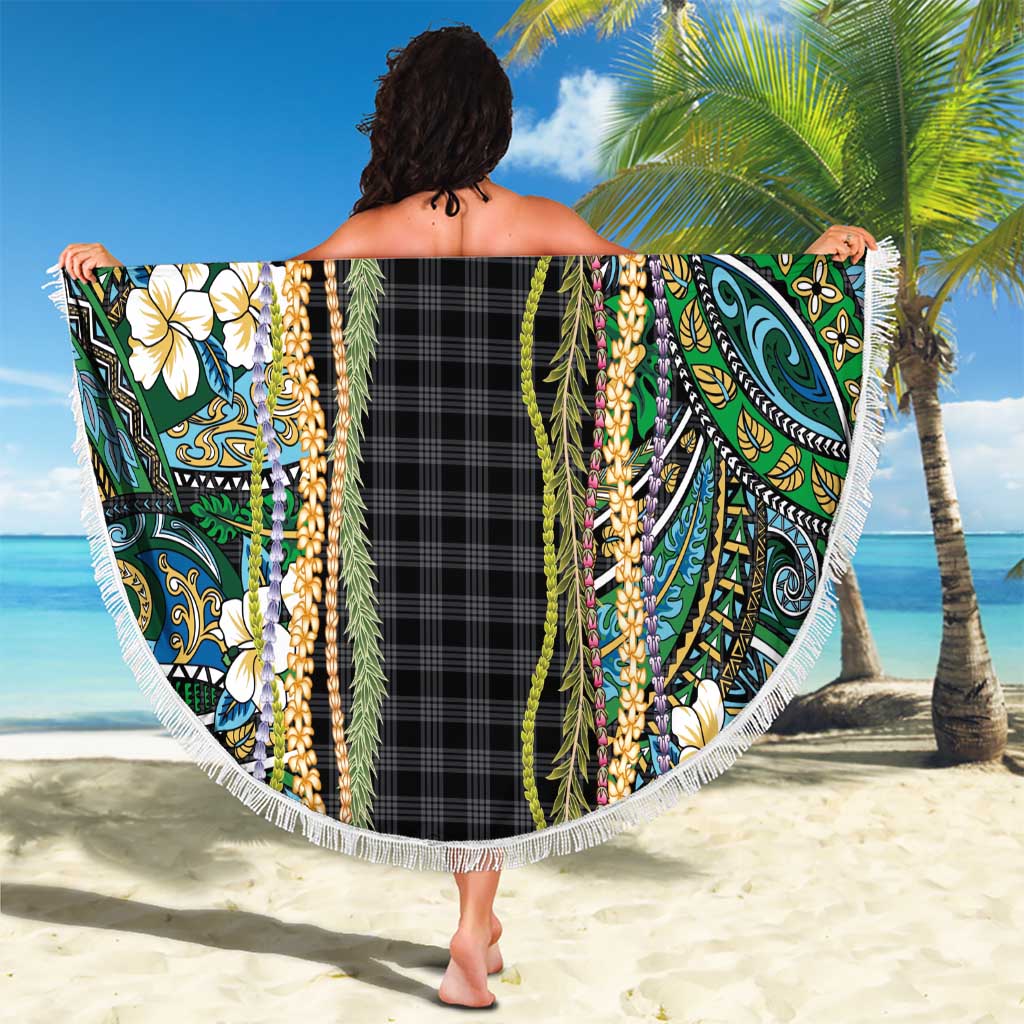 Hawaiian Art Flower Tribal with Lei Beach Blanket Palaka Pattern Black Color LT03 - Polynesian Pride