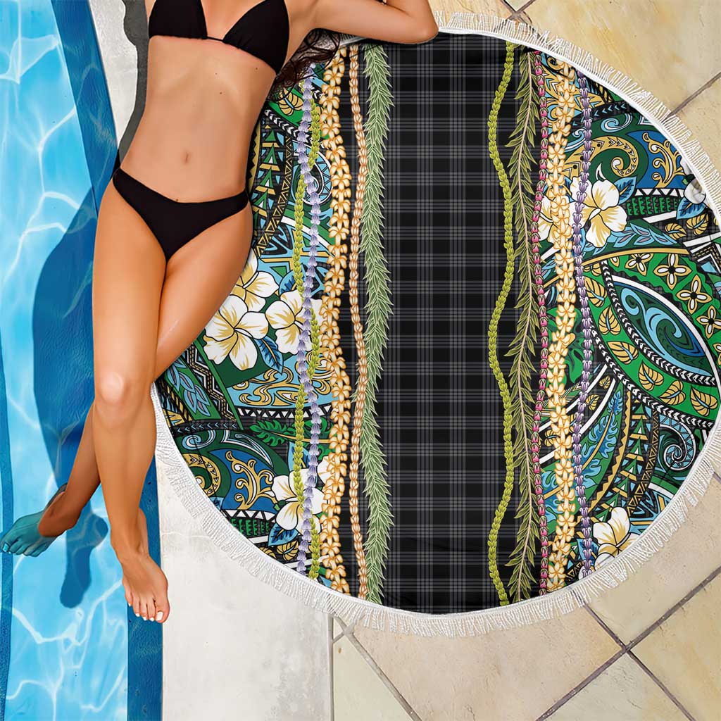 Hawaiian Art Flower Tribal with Lei Beach Blanket Palaka Pattern Black Color LT03 - Polynesian Pride