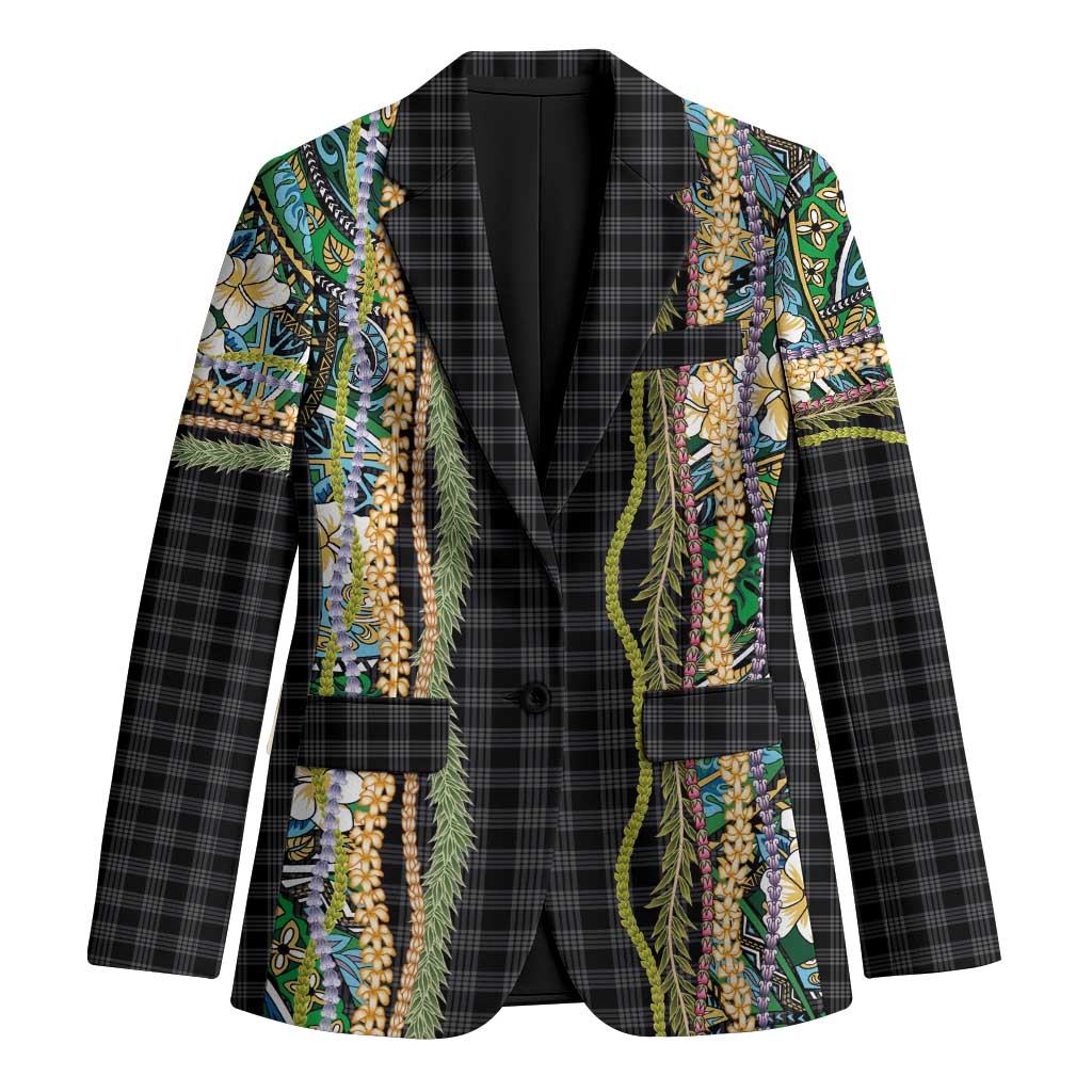 Hawaiian Art Flower Tribal with Lei Blazer Palaka Pattern Black Color LT03 Unisex Black - Polynesian Pride
