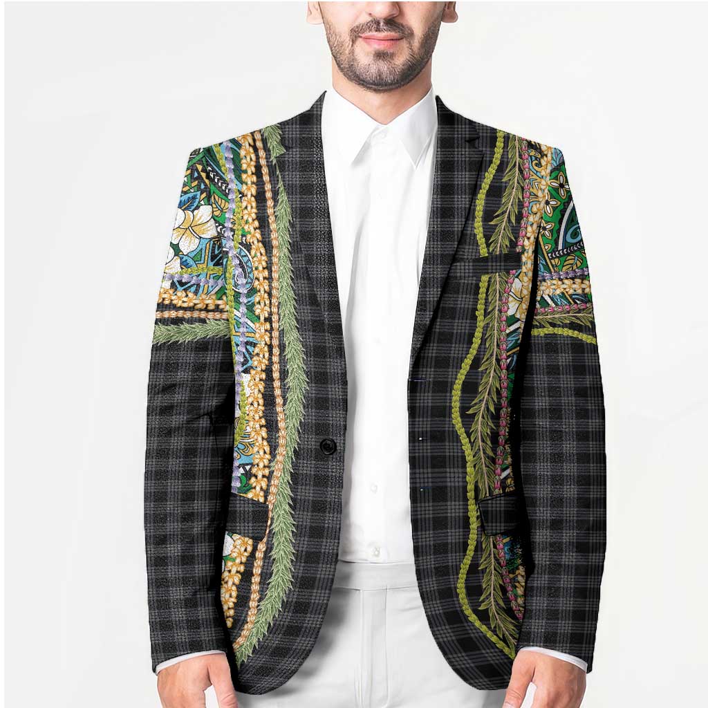 Hawaiian Art Flower Tribal with Lei Blazer Palaka Pattern Black Color LT03 - Polynesian Pride