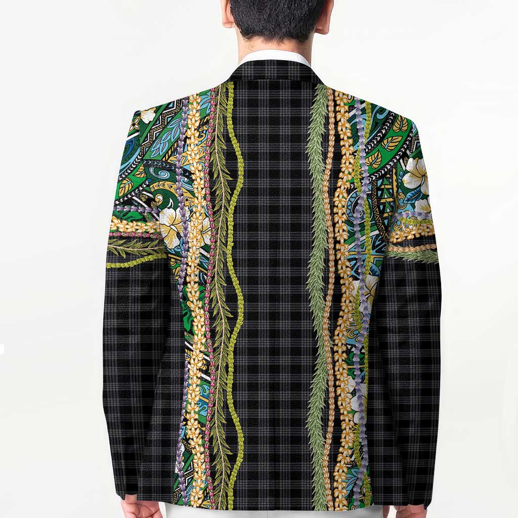 Hawaiian Art Flower Tribal with Lei Blazer Palaka Pattern Black Color LT03 - Polynesian Pride