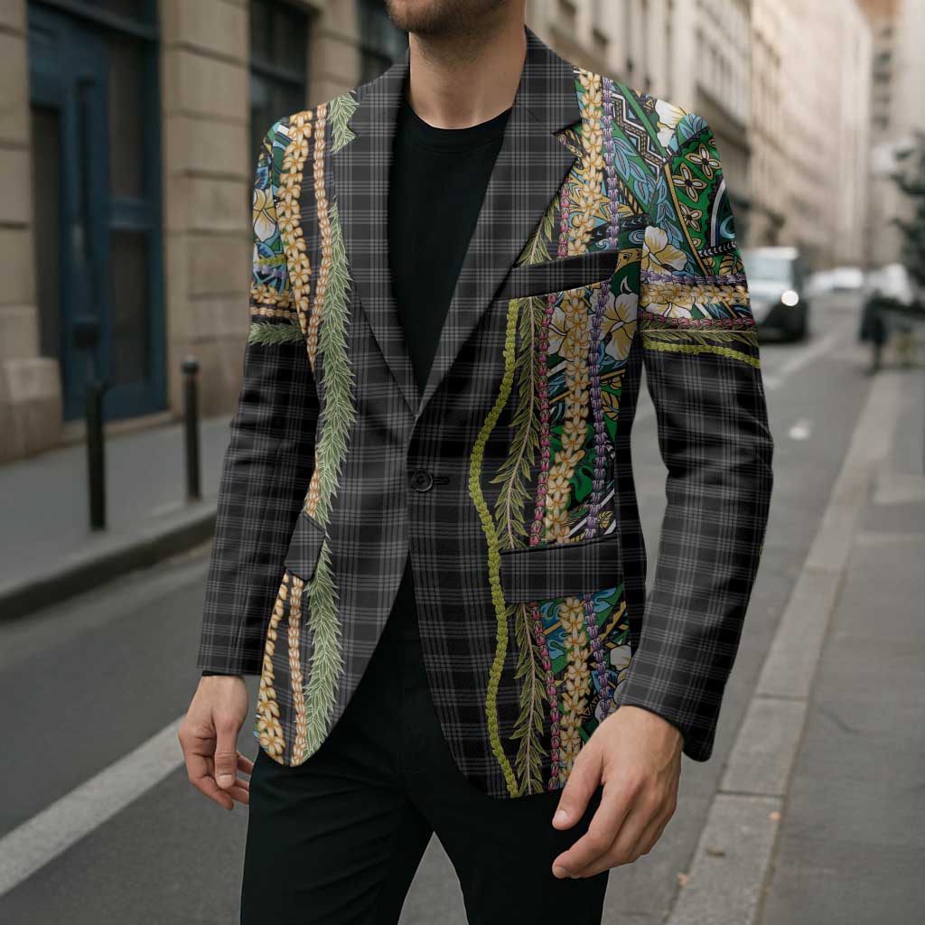 Hawaiian Art Flower Tribal with Lei Blazer Palaka Pattern Black Color LT03 - Polynesian Pride